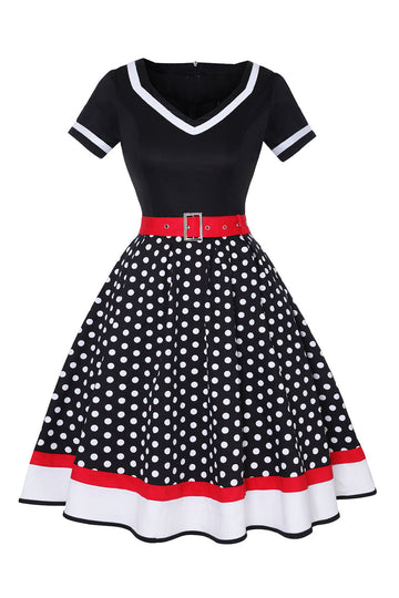 Preto Gola em V Pontos de Polka 1950s Vestido